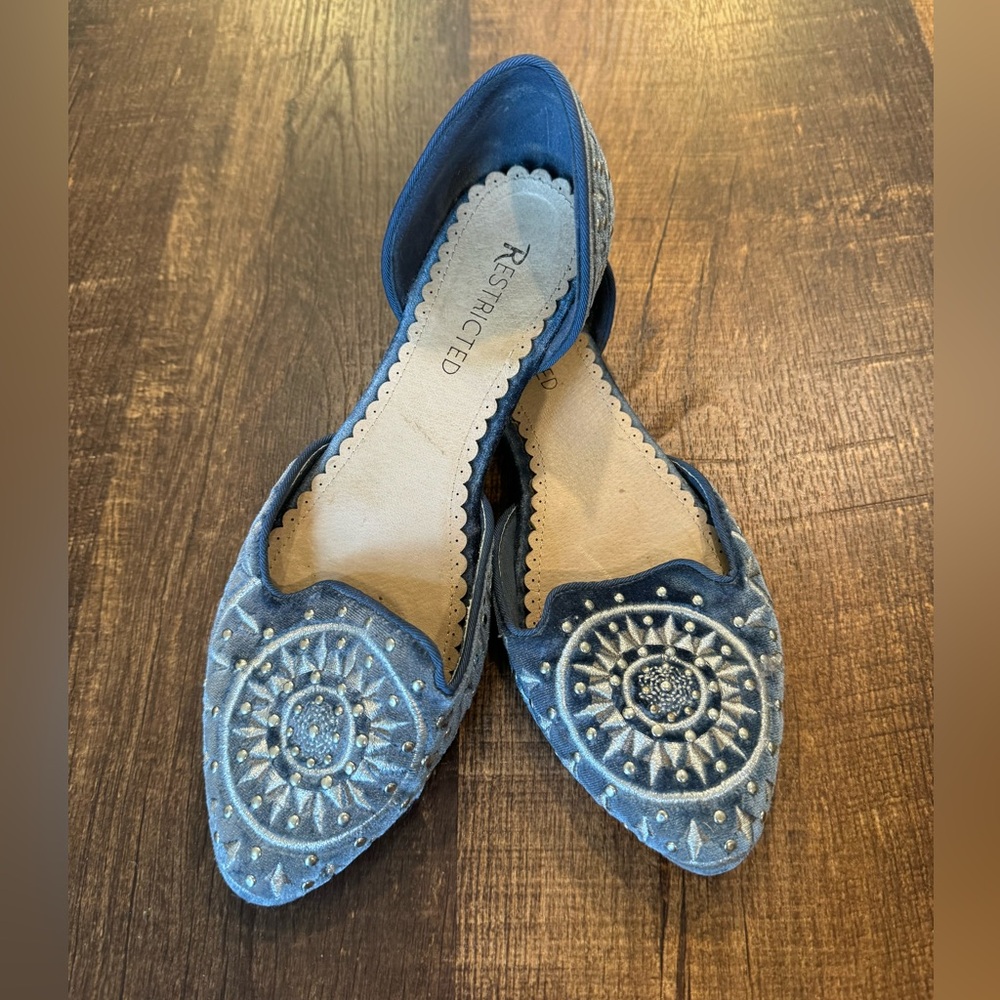 Francesca’s blue velvet flats with silver embroidery